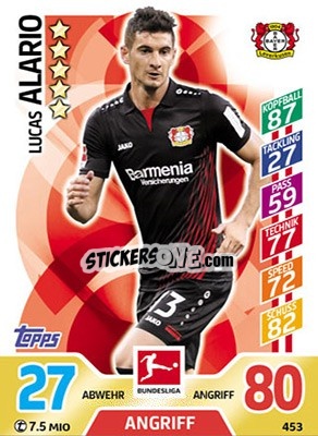 Sticker Lucas Alario - German Fussball Bundesliga 2017-2018. Match Attax Extra n. 453 - Topps