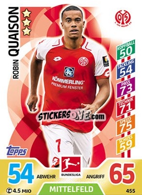 Sticker Robin Quaison - German Fussball Bundesliga 2017-2018. Match Attax Extra n. 455 - Topps