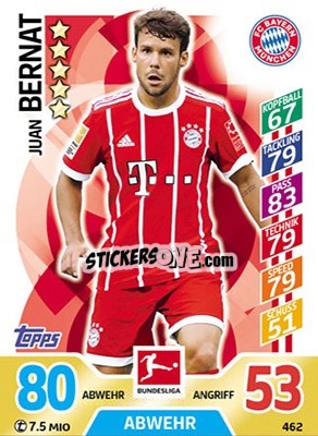 Sticker Juan Bernat - German Fussball Bundesliga 2017-2018. Match Attax Extra n. 462 - Topps