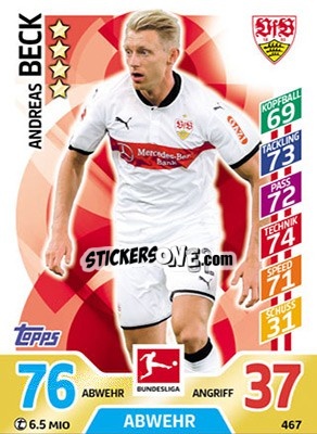 Sticker Andreas Beck - German Fussball Bundesliga 2017-2018. Match Attax Extra n. 467 - Topps