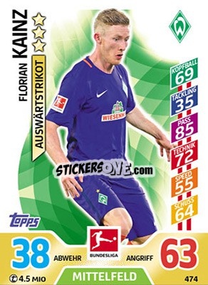 Sticker Florian Kainz - German Fussball Bundesliga 2017-2018. Match Attax Extra n. 474 - Topps