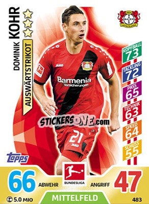 Sticker Dominik Kohr - German Fussball Bundesliga 2017-2018. Match Attax Extra n. 483 - Topps