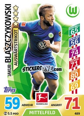 Sticker Jakub Blaszczykowski - German Fussball Bundesliga 2017-2018. Match Attax Extra n. 489 - Topps