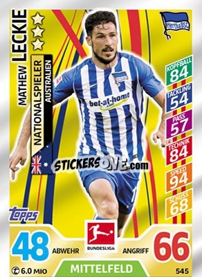 Sticker Mathew Leckie - German Fussball Bundesliga 2017-2018. Match Attax Extra n. 545 - Topps