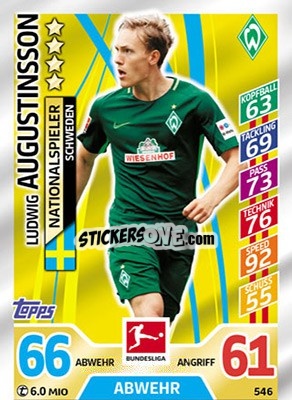 Sticker Ludwig Augustinsson - German Fussball Bundesliga 2017-2018. Match Attax Extra n. 546 - Topps