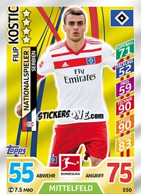 Sticker Filip Kostic - German Fussball Bundesliga 2017-2018. Match Attax Extra n. 550 - Topps