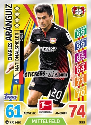 Sticker Charles Aranguiz - German Fussball Bundesliga 2017-2018. Match Attax Extra n. 555 - Topps