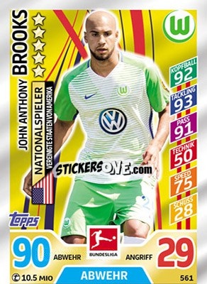Sticker John Anthony Brooks - German Fussball Bundesliga 2017-2018. Match Attax Extra n. 561 - Topps