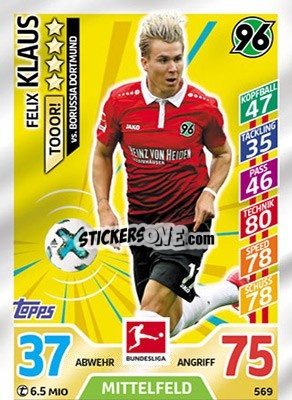 Sticker Felix Klaus - German Fussball Bundesliga 2017-2018. Match Attax Extra n. 569 - Topps