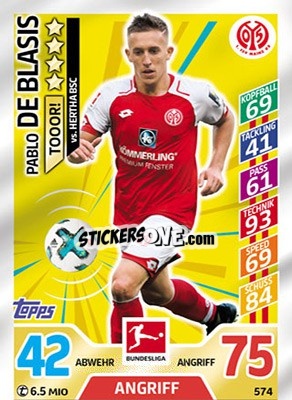 Sticker Pablo De Blasis - German Fussball Bundesliga 2017-2018. Match Attax Extra n. 574 - Topps