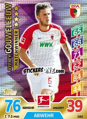 Sticker Jeffrey Gouweleeuw - German Fussball Bundesliga 2017-2018. Match Attax Extra n. 580 - Topps