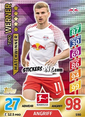 Sticker Timo Werner - German Fussball Bundesliga 2017-2018. Match Attax Extra n. 590 - Topps