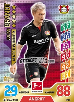 Sticker Julian Brandt - German Fussball Bundesliga 2017-2018. Match Attax Extra n. 591 - Topps