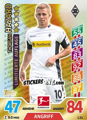 Sticker Thorgan Hazard - German Fussball Bundesliga 2017-2018. Match Attax Extra n. L31 - Topps