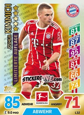 Sticker Joshua Kimmich - German Fussball Bundesliga 2017-2018. Match Attax Extra n. L32 - Topps