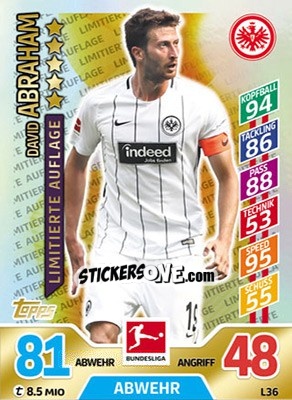 Sticker David Abraham - German Fussball Bundesliga 2017-2018. Match Attax Extra n. L36 - Topps