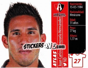 Sticker Juan Carlos Valenzuela Hernández - Liga BBVA Bancomer Apertura 2015 n. 27 - Panini