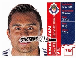 Sticker Edwin William Hernández Herrera - Liga BBVA Bancomer Apertura 2015 n. 118 - Panini
