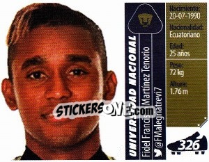 Sticker Fidel Francisco Martínez Tenorio - Liga BBVA Bancomer Apertura 2015 n. 326 - Panini