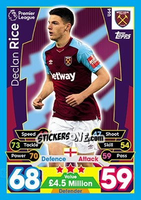 Sticker Declan Rice - English Premier League 2017-2018. Match Attax Extra n. U64 - Topps