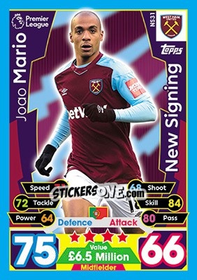 Sticker Joao Mario - English Premier League 2017-2018. Match Attax Extra n. NS31 - Topps
