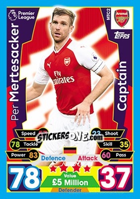 Sticker Per Mertesacker - English Premier League 2017-2018. Match Attax Extra n. MTC2 - Topps