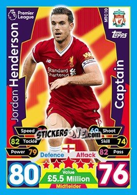 Sticker Jordan Henderson - English Premier League 2017-2018. Match Attax Extra n. MTC10 - Topps