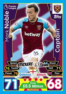 Sticker Mark Noble - English Premier League 2017-2018. Match Attax Extra - Topps