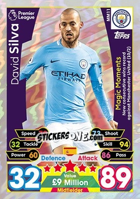 Sticker David Silva - English Premier League 2017-2018. Match Attax Extra n. MM11 - Topps