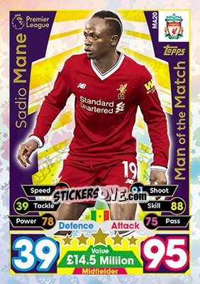 Sticker Sadio Mane - English Premier League 2017-2018. Match Attax Extra n. MA20 - Topps