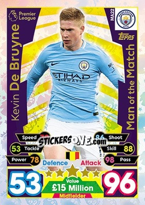 Sticker Kevin De Bruyne - English Premier League 2017-2018. Match Attax Extra n. MA22 - Topps