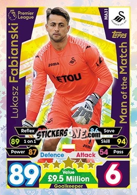 Sticker Lukasz Fabianski - English Premier League 2017-2018. Match Attax Extra - Topps