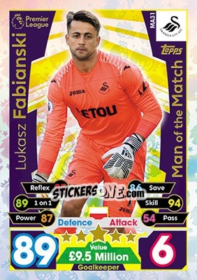 Sticker Lukasz Fabianski - English Premier League 2017-2018. Match Attax Extra n. MA31 - Topps