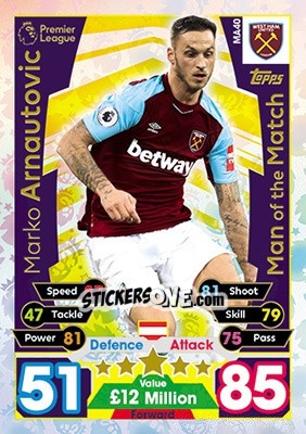 Sticker Marko Arnautovic - English Premier League 2017-2018. Match Attax Extra - Topps