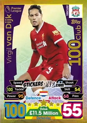Sticker Virgil van Dijk - English Premier League 2017-2018. Match Attax Extra n. 100CLUB1 - Topps