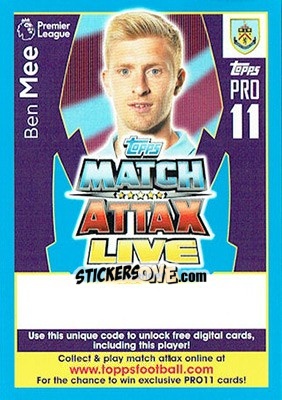 Cromo Ben Mee - English Premier League 2017-2018. Match Attax Extra - Topps