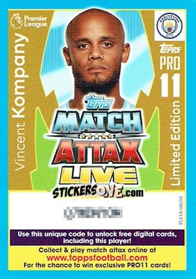 Sticker Vincent Kompany - English Premier League 2017-2018. Match Attax Extra - Topps