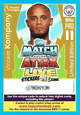 Sticker Vincent Kompany - English Premier League 2017-2018. Match Attax Extra n. PLX18-UKL04 - Topps