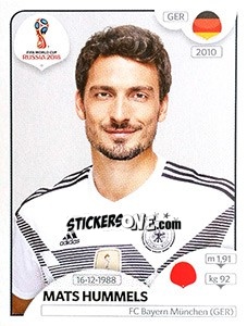 Sticker Mats Hummels - Coppa del Mondo FIFA Russia 2018 - Panini