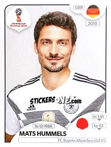 Sticker Mats Hummels - FIFA World Cup Russia 2018. 670 stickers version - Panini