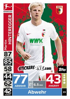 Sticker Martin Hinteregger - German Fussball Bundesliga 2018-2019. Match Attax n. 15 - Topps