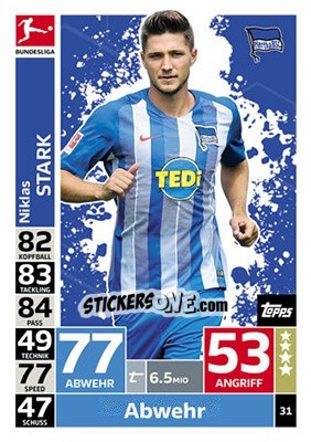 Sticker Niklas Stark - German Fussball Bundesliga 2018-2019. Match Attax n. 31 - Topps