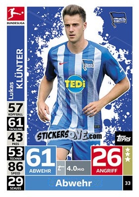 Sticker Lukas Klünter - German Fussball Bundesliga 2018-2019. Match Attax - Topps