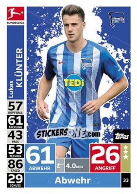 Cromo Lukas Klünter - German Fussball Bundesliga 2018-2019. Match Attax - Topps