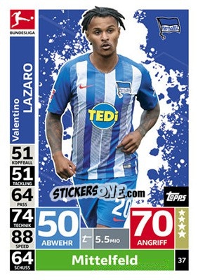 Sticker Valentino Lazaro - German Fussball Bundesliga 2018-2019. Match Attax n. 37 - Topps