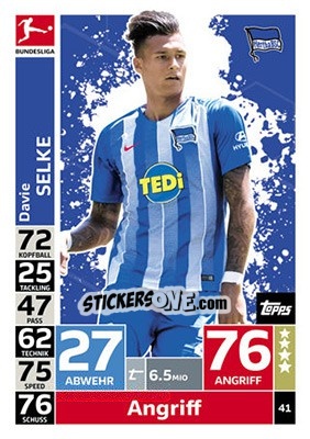 Sticker Davie Selke - German Fussball Bundesliga 2018-2019. Match Attax n. 41 - Topps