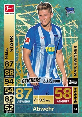 Sticker Niklas Stark - German Fussball Bundesliga 2018-2019. Match Attax n. 43 - Topps