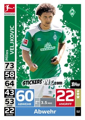 Sticker Milos Veljkovic - German Fussball Bundesliga 2018-2019. Match Attax n. 52 - Topps