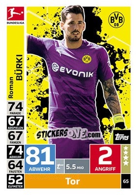 Sticker Roman Bürki - German Fussball Bundesliga 2018-2019. Match Attax n. 65 - Topps