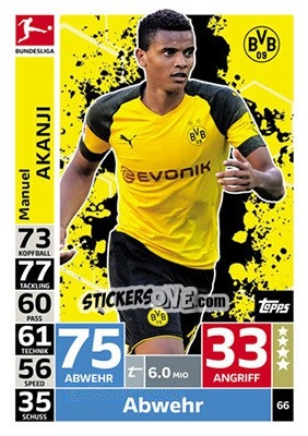 Sticker Manuel Akanji - German Fussball Bundesliga 2018-2019. Match Attax n. 66 - Topps